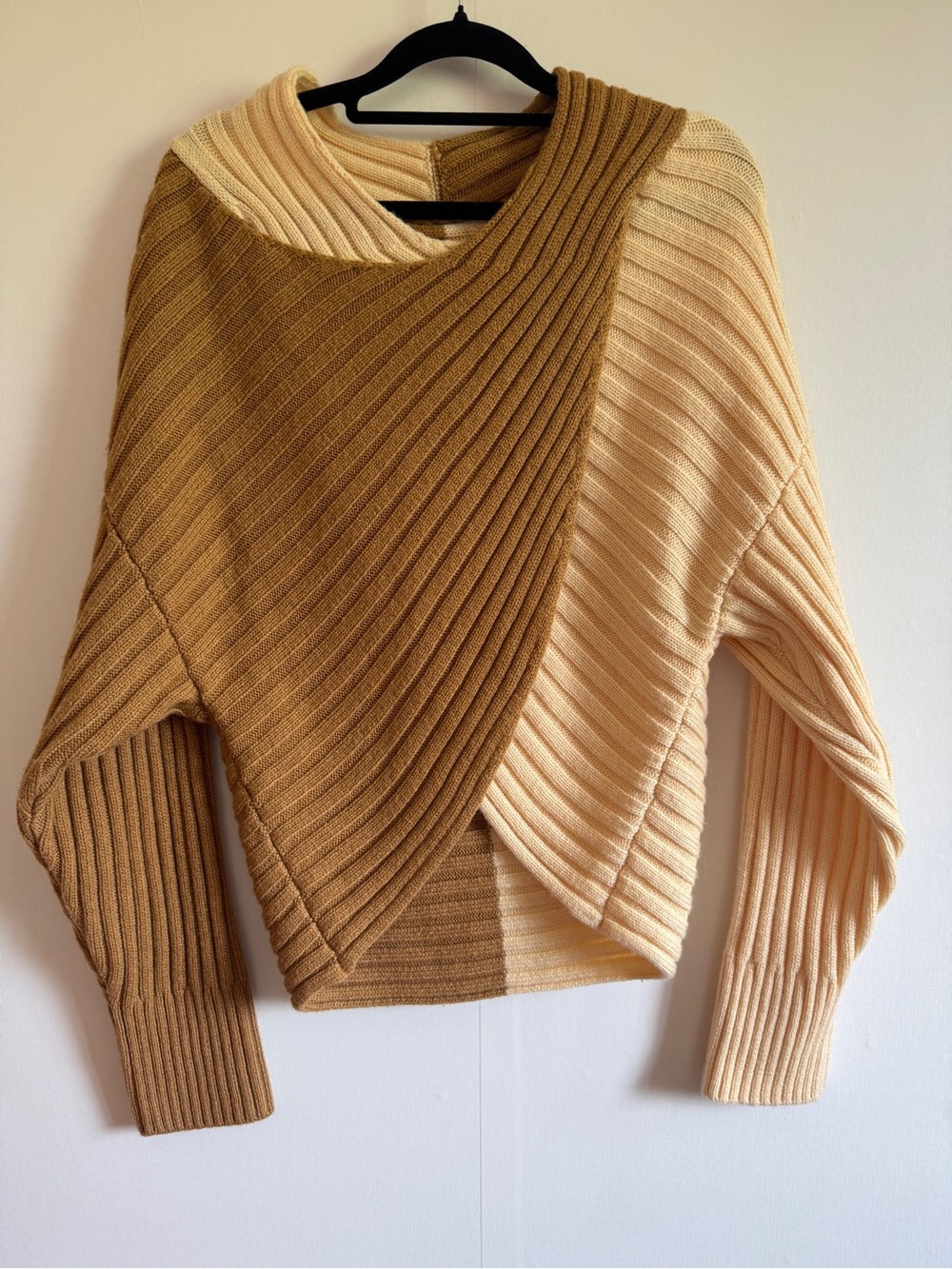 Anthropologie Colorblock Ribbed Wrap Sweater Oversized Neutral Knit S/M